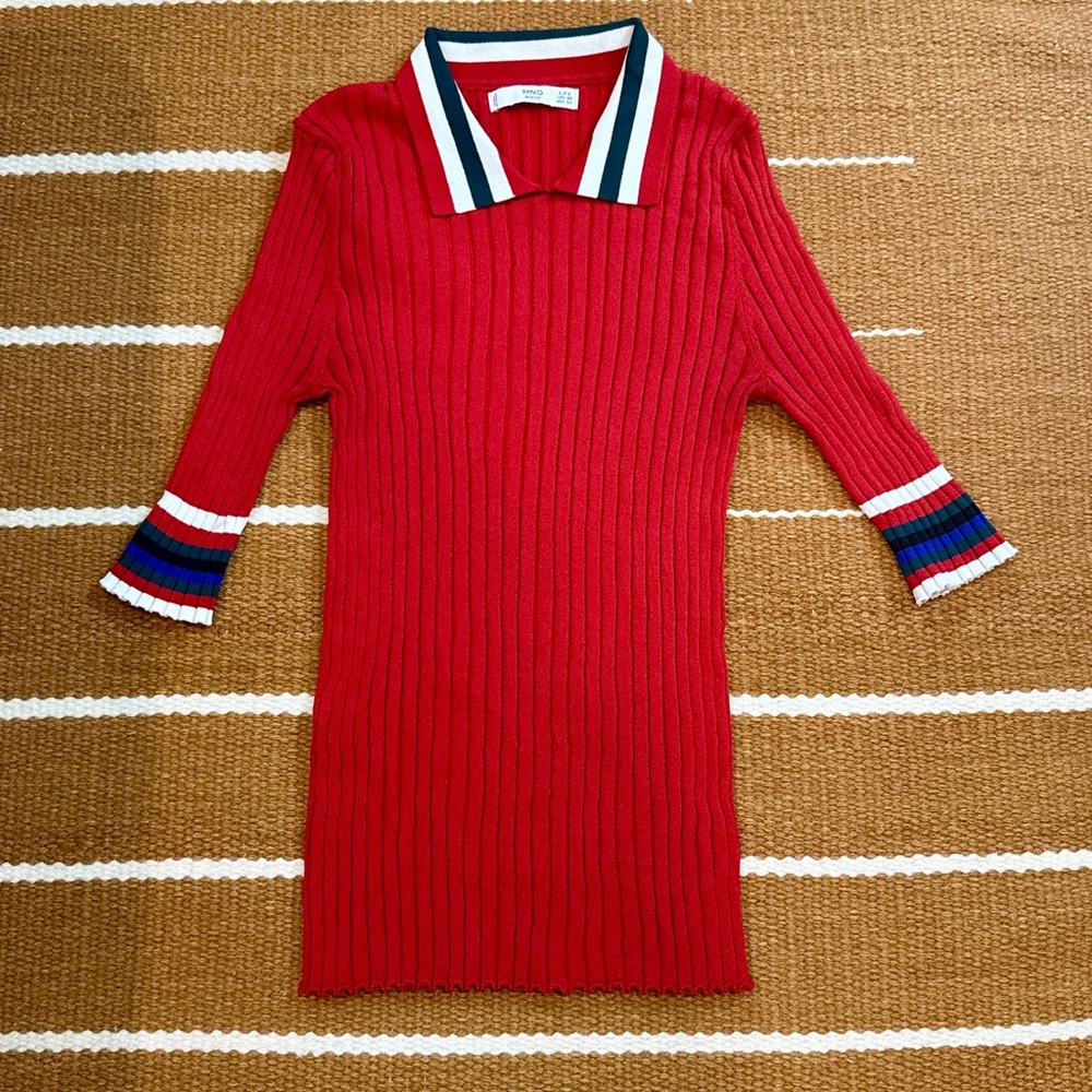 Mango Red Ribbed Knit Collared Top Short Sleeve Striped XS Small
